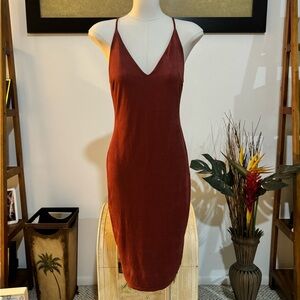 Fashion Nova Orange/Red Dress XS Knee Length V-Neck Spaghetti Straps Bodycon